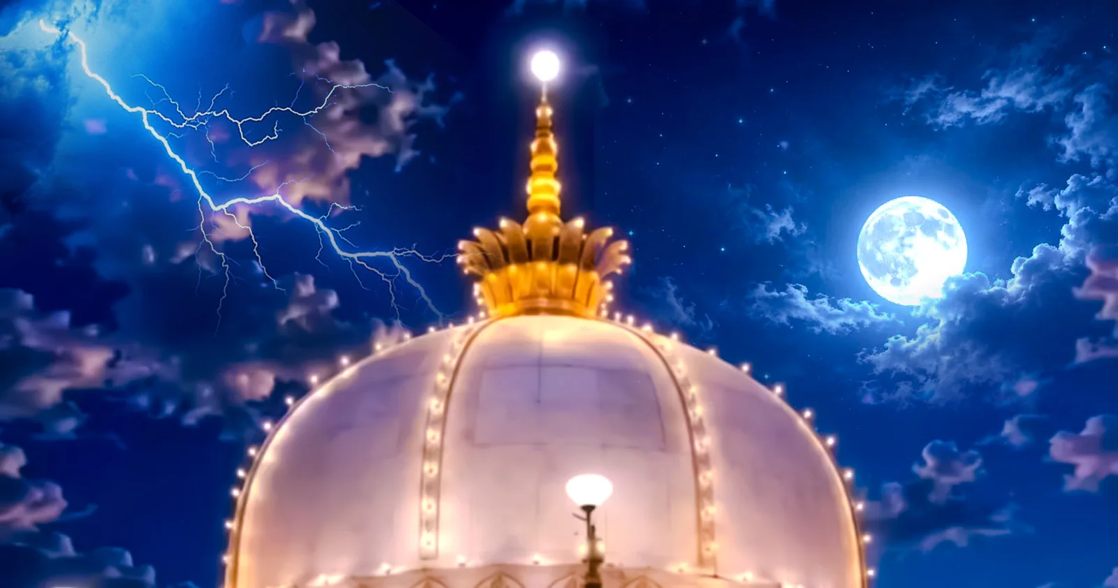 The lit white dome and golden crown of the shrine of Khawaja Moinuddin Chishti at Ajmer Sharif under a night sky with a full moon.